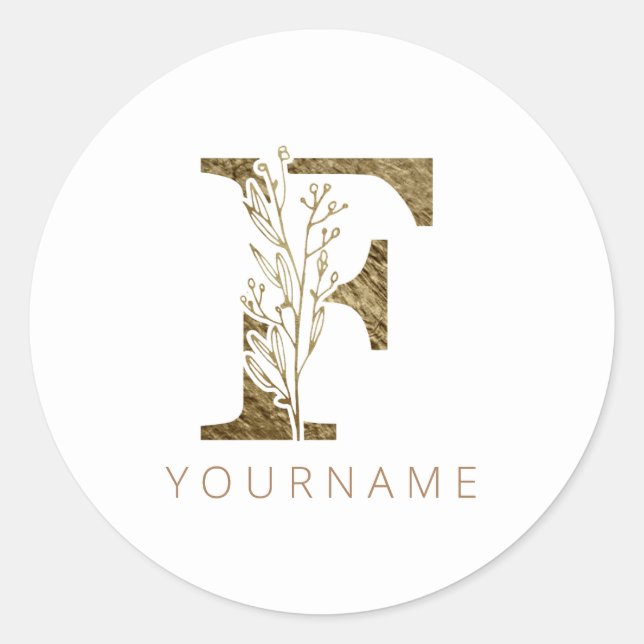 Floral Monogram F Elegant Gold Foliage Classic Round Sticker (Front)