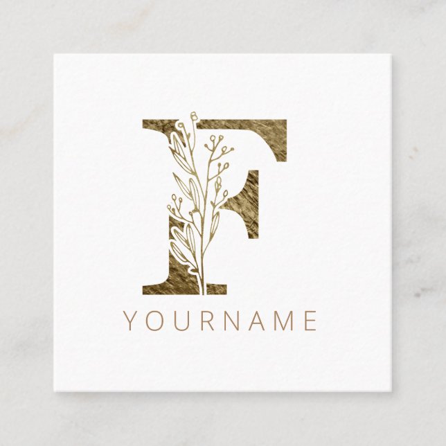 Floral Monogram F Elegant Gold Foliage Square Business Card (Front)