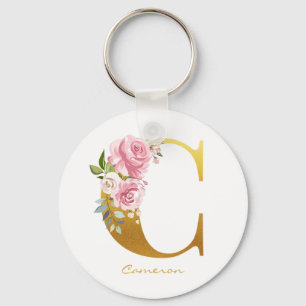 Floral Monogram Faux Gold Name Initial Personalise Key Ring