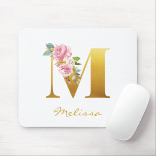 Floral Monogram Faux Gold Name Initial Personalise Mouse Mat