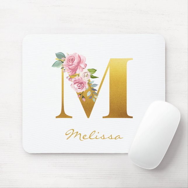 Floral Monogram Faux Gold Name Initial Personalise Mouse Mat (With Mouse)