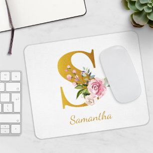 Floral Monogram Faux Gold Name Initial Personalise Mouse Mat