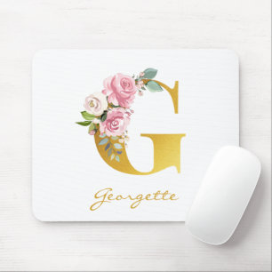 Floral Monogram Faux Gold Name Initial Personalise Mouse Mat