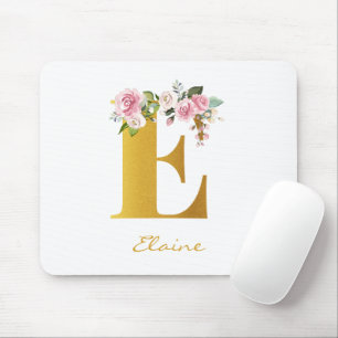 Floral Monogram Faux Gold Name Initial Personalise Mouse Mat