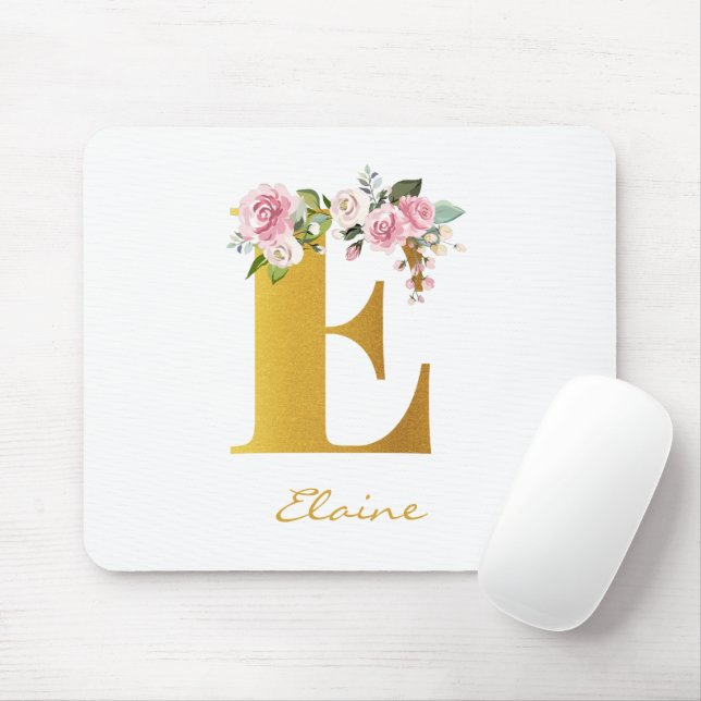 Floral Monogram Faux Gold Name Initial Personalise Mouse Mat (With Mouse)