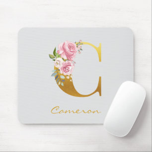 Floral Monogram Faux Gold Name Initial Personalise Mouse Mat