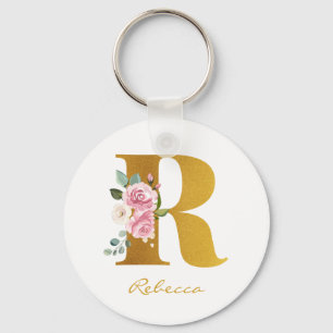 Floral Monogram Faux Gold Name Personalised Key Ring