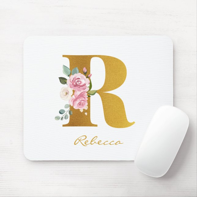 Floral Monogram Faux Gold Name Personalised Mouse Mat (With Mouse)