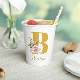 Floral Monogram Floral Custom Name Initial B Paper Cups