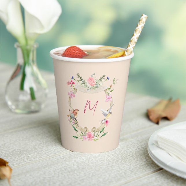 Floral Monogram Gender Neutral Baby Shower Paper Cups (Insitu)