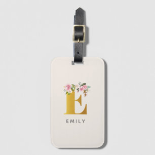 Floral Monogram Gold Effect Personalised Name Luggage Tag