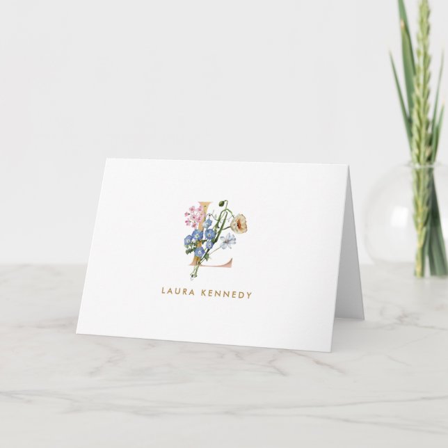 Floral Monogram Gold Letter L Folded Note Card (Front)