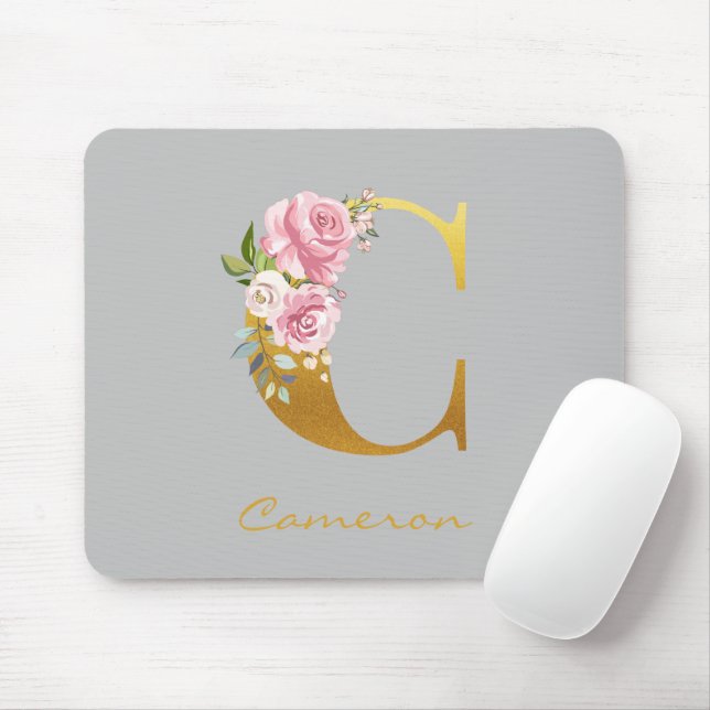 Floral Monogram Gold Name Initial Personalised Mouse Mat (With Mouse)