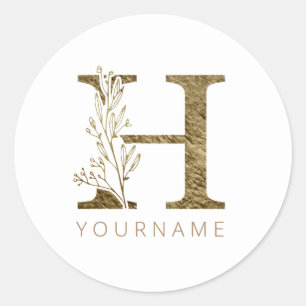 Floral Monogram H Elegant Gold Foliage Classic Round Sticker