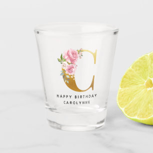 Floral Monogram Happy Birthday Personalised Name Shot Glass