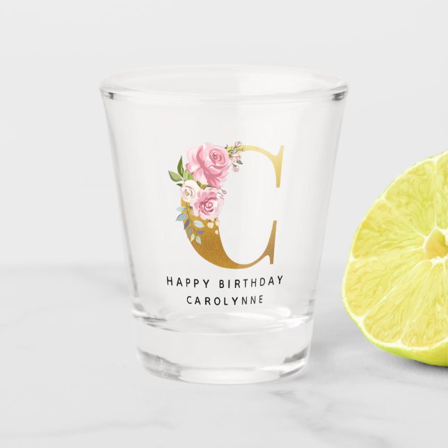 Floral Monogram Happy Birthday Personalised Name Shot Glass (Front)