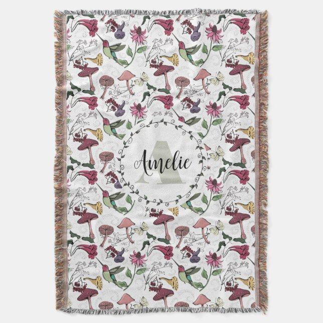 Floral Monogram Hummingbird Garden & Flowers  Throw Blanket (Front Vertical)