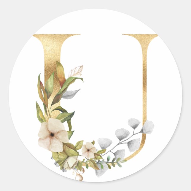 Floral monogram in gold Classic Round Sticker (Front)