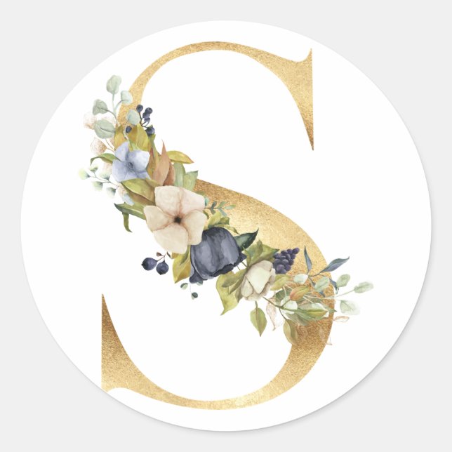 Floral monogram in gold Classic Round Sticker (Front)