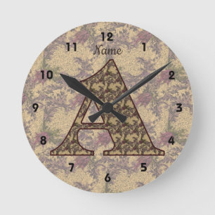 Floral Monogram Initial A Elegant Your Name Round Clock