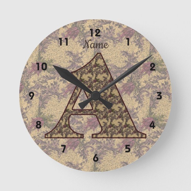 Floral Monogram Initial A Elegant Your Name     Round Clock (Front)