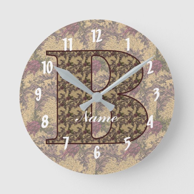 Floral Monogram Initial B Your Name Elegant    Round Clock (Front)