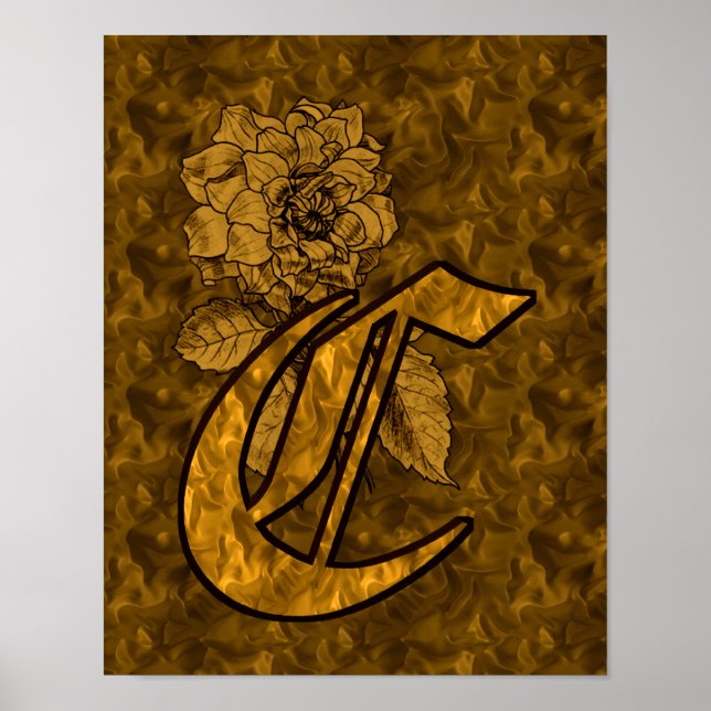 Floral Monogram Initial C Gold Peony Poster (Front)