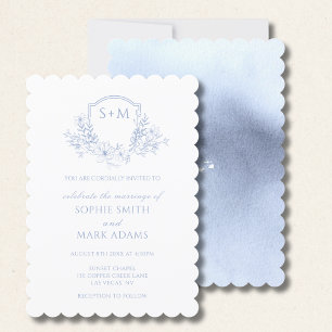 Floral Monogram Initial Crest Dusty Blue Wedding Invitation
