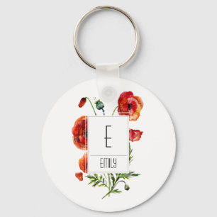 Floral Monogram Initial Keychain Red Poppy Flowers