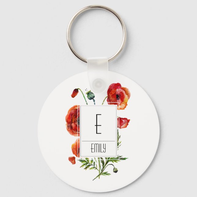 Floral Monogram Initial Keychain Red Poppy Flowers (Front)