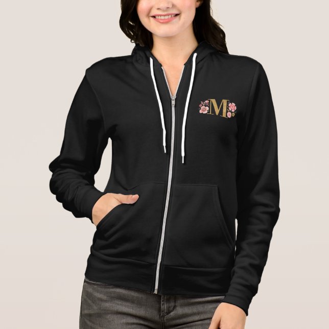 Floral Monogram Initial Letter M Black Hoodie (Front)