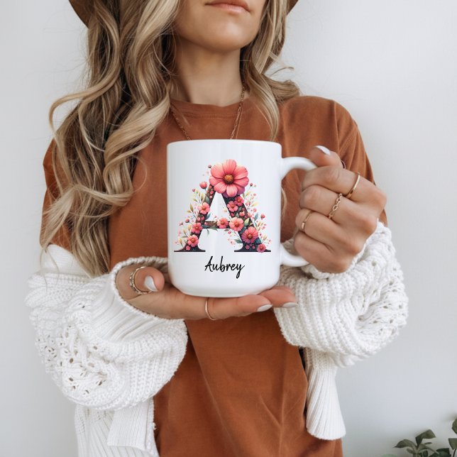 Floral Monogram Initial Name Mug, Custom mum gift Coffee Mug (Floral coworker gift mug, floral birthday mug, personalized mug for friend, birth flower coffee cup,)
