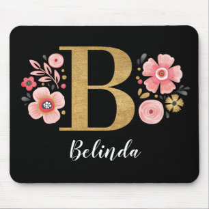 Floral Monogram Initial Pink Gold Letter B Mouse Mat