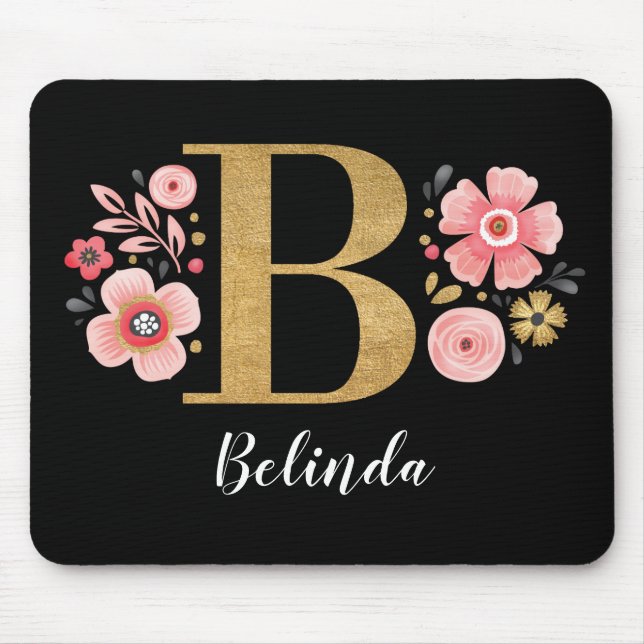 Floral Monogram Initial Pink Gold Letter B Mouse Mat (Front)