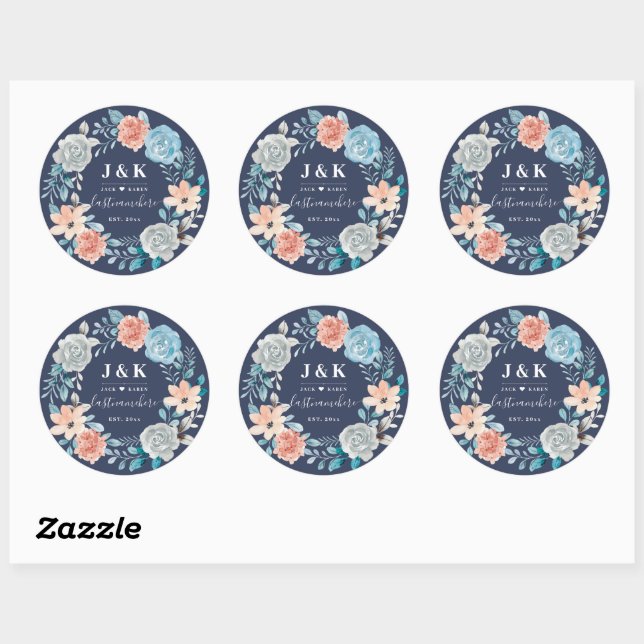 Floral Monogram Initials Custom Family Name Classic Round Sticker (Sheet)
