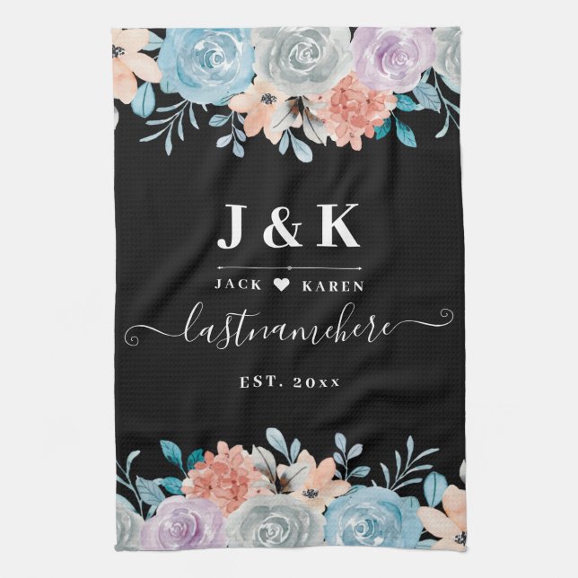 Floral Monogram Initials Custom Family Name Tea Towel (Vertical)