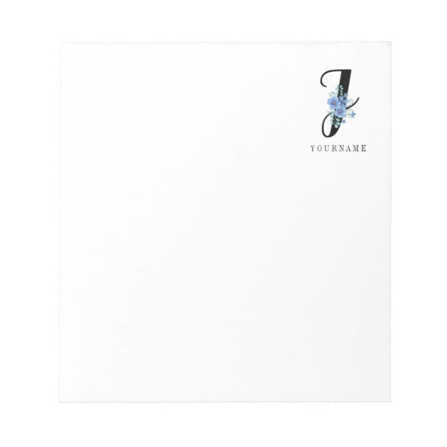 Floral Monogram J Blue Flower Burst Notepad (Front)