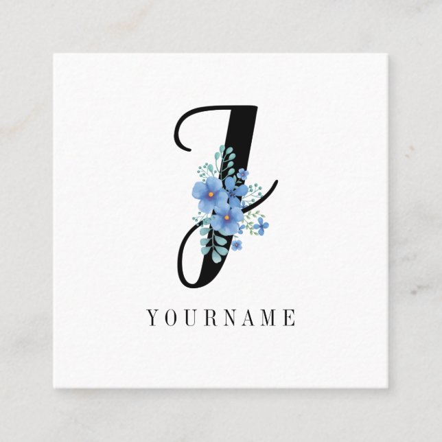 Floral Monogram J Blue Flower Burst Square Business Card (Front)