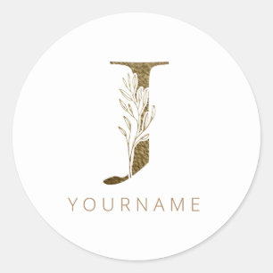 Floral Monogram J Elegant Gold Foliage Classic Round Sticker