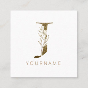 Floral Monogram J Elegant Gold Foliage Square Business Card