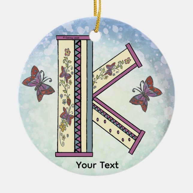 floral Monogram K  Ceramic Tree Decoration (Front)
