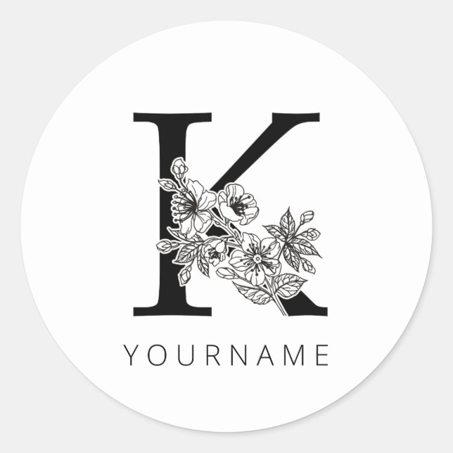 Floral Monogram K Sakura Cherry Blossoms Classic Round Sticker (Front)