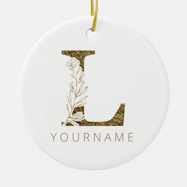 Floral Monogram L Elegant Gold Foliage Ceramic Tree Decoration (Front)