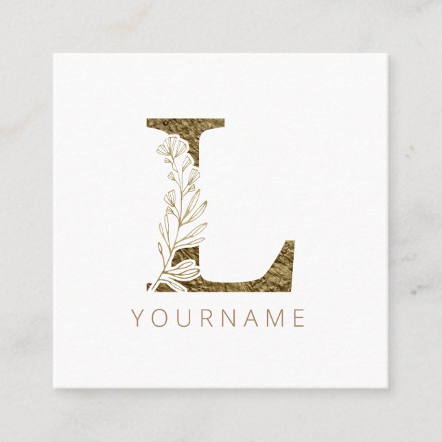 Floral Monogram L Elegant Gold Foliage Square Business Card (Front)