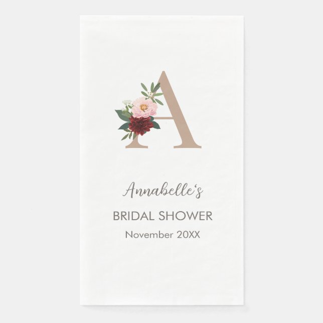 Floral Monogram Letter A Bridal Shower  Napkin (Front)
