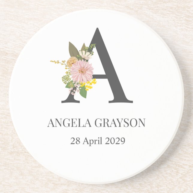Floral Monogram Letter A Custom Name and Date  Coaster (Front)