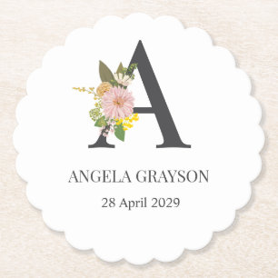 Floral Monogram Letter A Custom Name and Date Paper Coaster