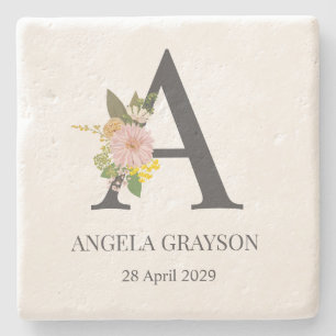 Floral Monogram Letter A Custom Name and Date Stone Coaster