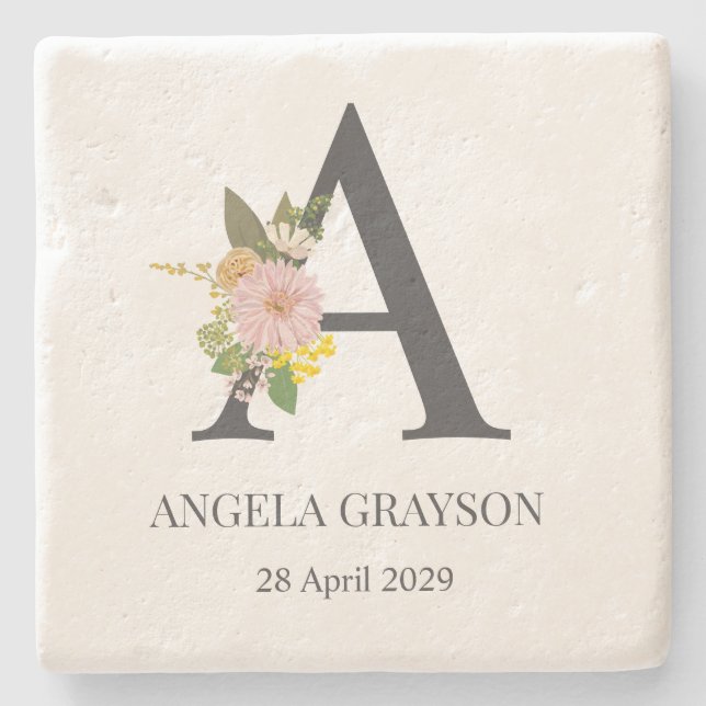 Floral Monogram Letter A Custom Name and Date  Stone Coaster (Front)