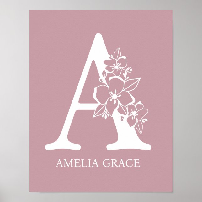 Floral Monogram Letter A Name Nursery Modern  Poster (Front)